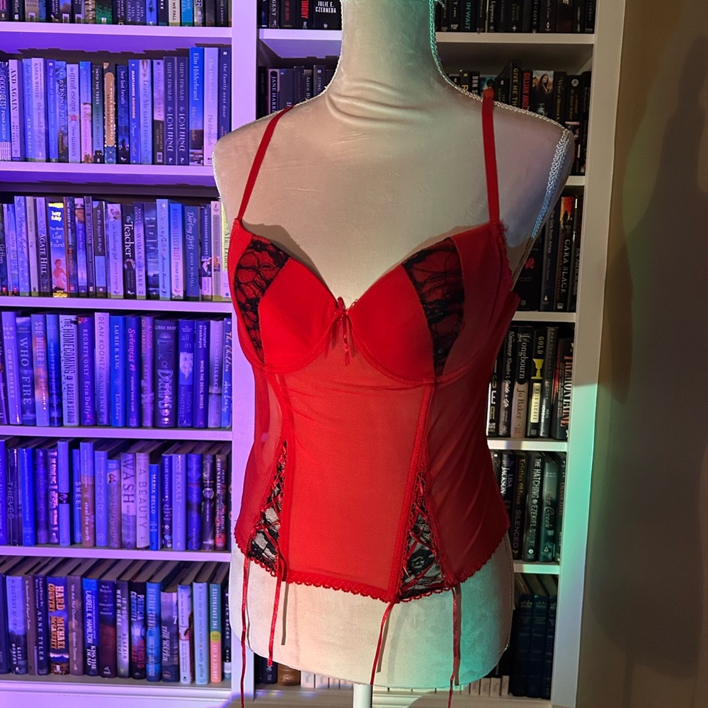 Red vintage mesh lingerie top, corset with bows, black lace